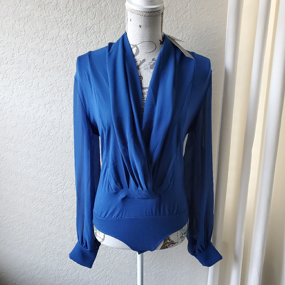 NY&CO. Royal Blue Low V-Neck Bodysuit (New)